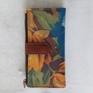 Patricia Nash NAZARI Leather Bifold Wallet Floral Marigold Harvest Blue Brown